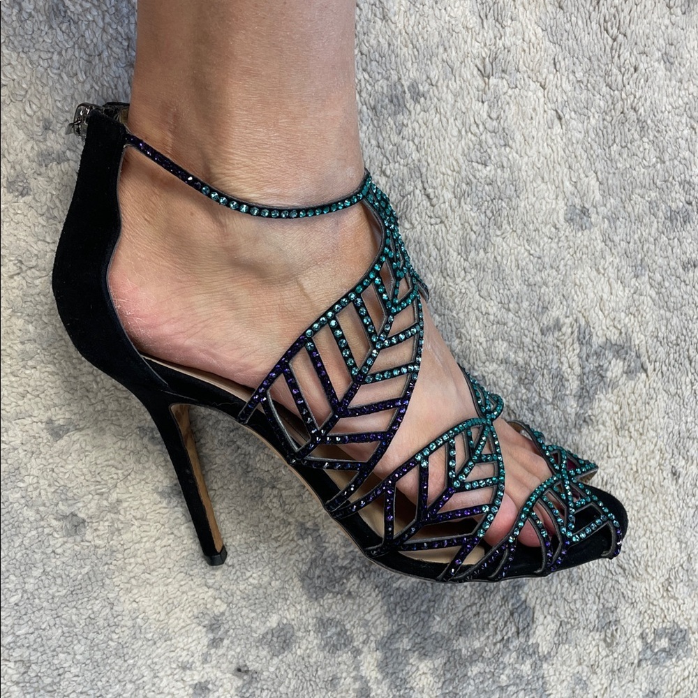 Jimmy Choo Kallai Leaf Sandal Heels Embellished Crystal Designer Sz 40 - Picture 13 of 14